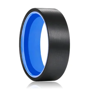 GONZO | Black and Blue Tungsten Ring with Flat Brushed Finish