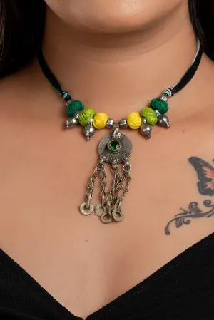 Handmade Afghan Jewelry Pendant Necklace with Yellow Green Thread Balls & German Silver Beads