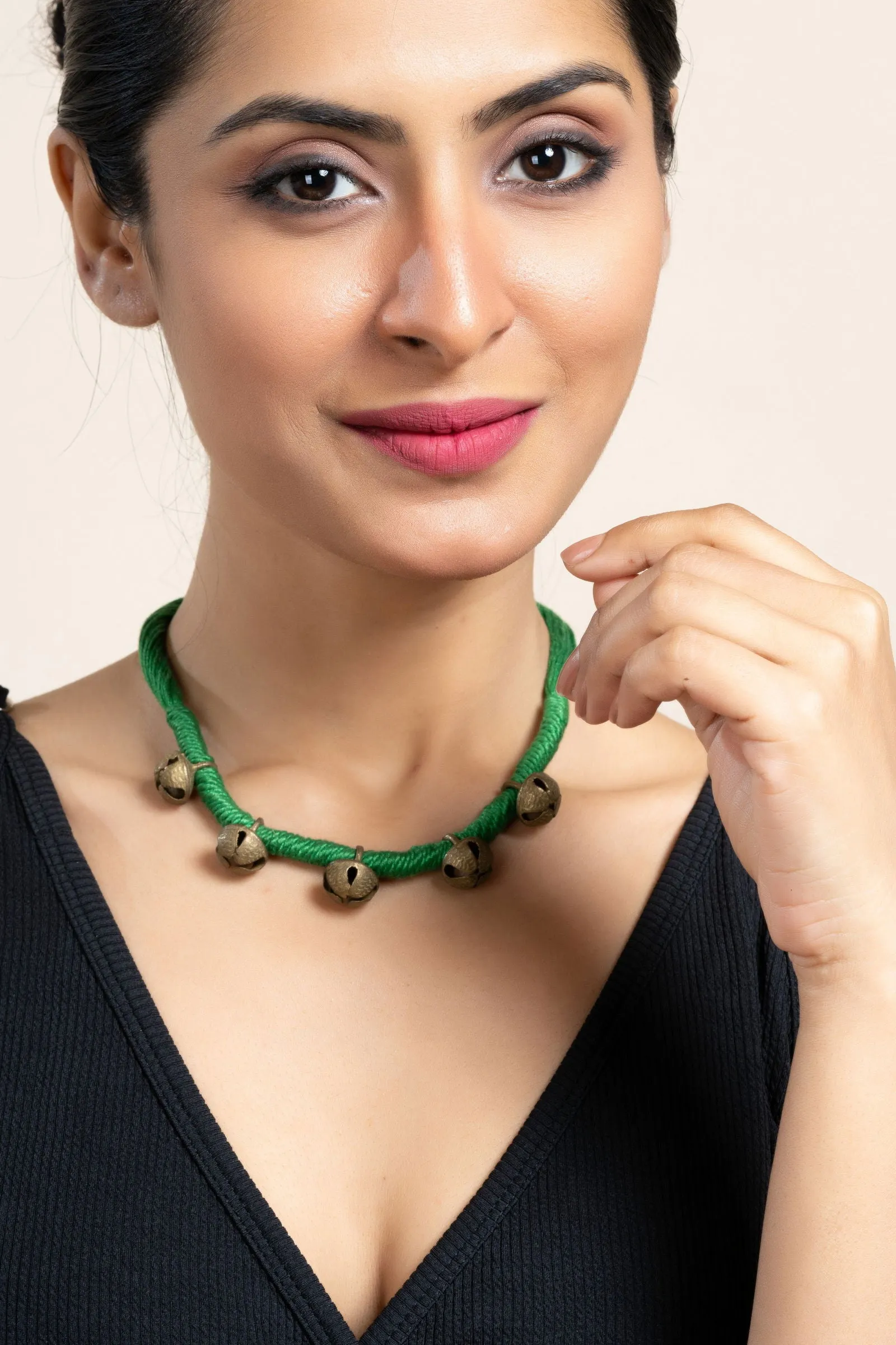 Handmade Green Golden Ghungroo Neckpiece with Adjustable Dori for Women - Unique Lightweight Jewelry