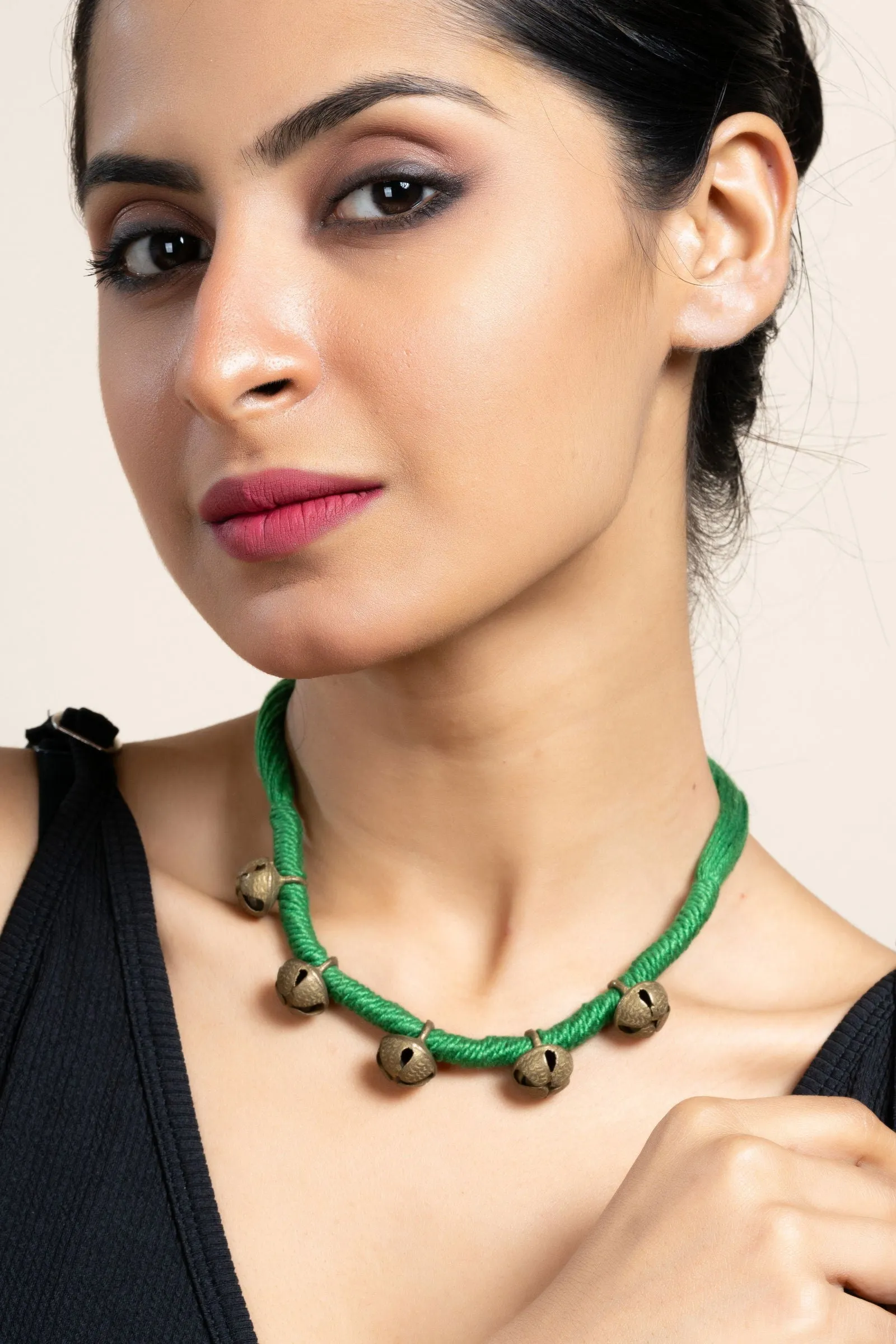 Handmade Green Golden Ghungroo Neckpiece with Adjustable Dori for Women - Unique Lightweight Jewelry