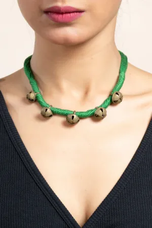 Handmade Green Golden Ghungroo Neckpiece with Adjustable Dori for Women - Unique Lightweight Jewelry