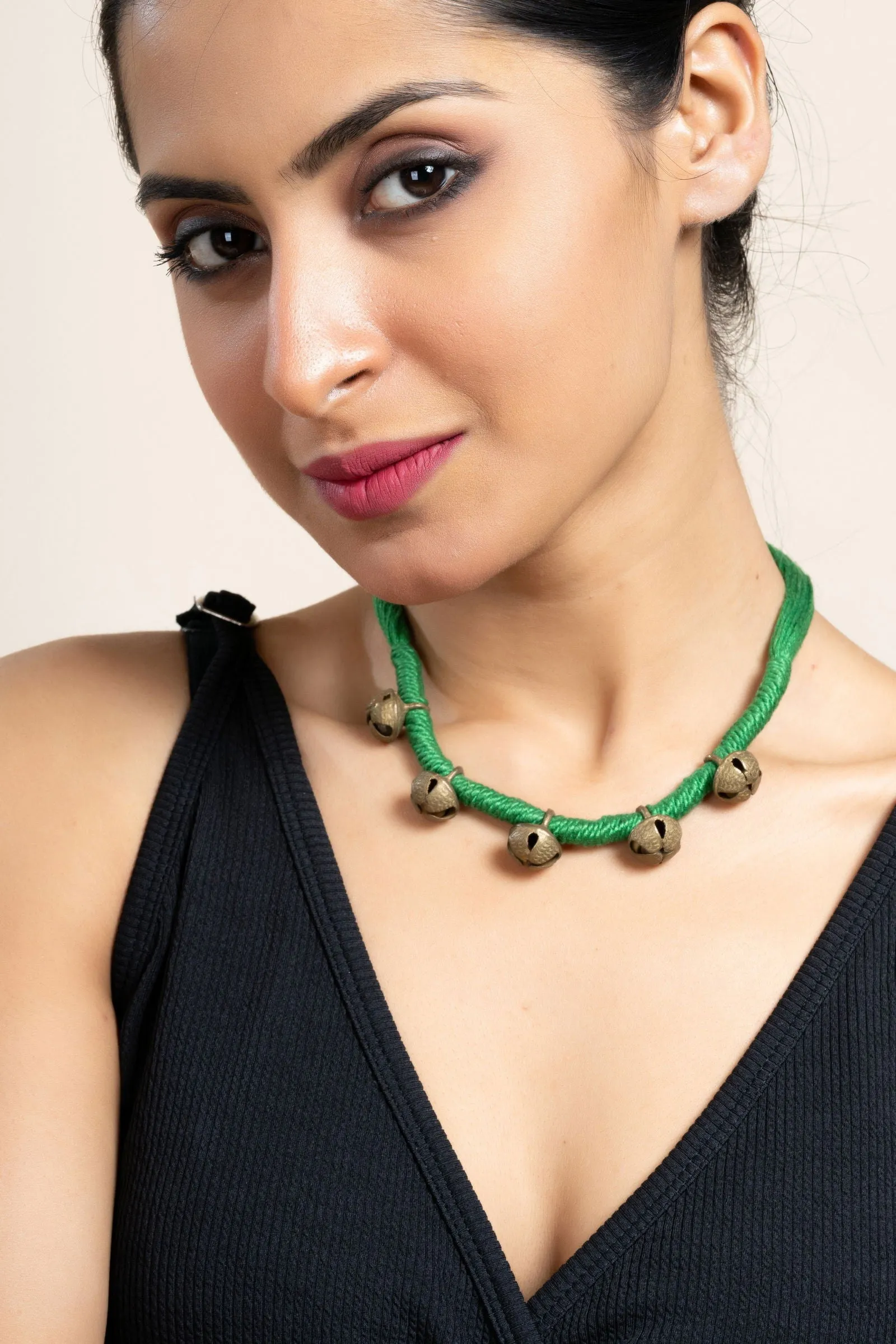 Handmade Green Golden Ghungroo Neckpiece with Adjustable Dori for Women - Unique Lightweight Jewelry