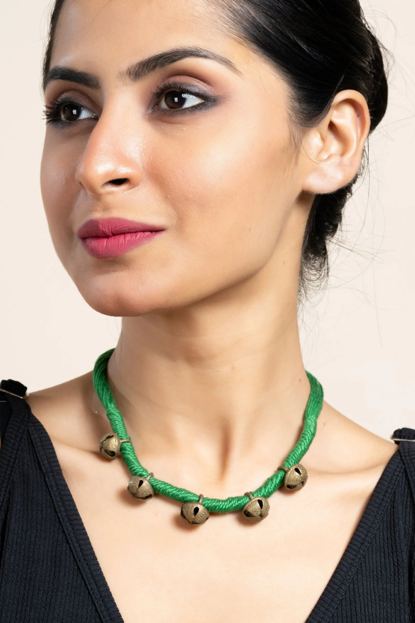 Handmade Green Golden Ghungroo Neckpiece with Adjustable Dori for Women - Unique Lightweight Jewelry