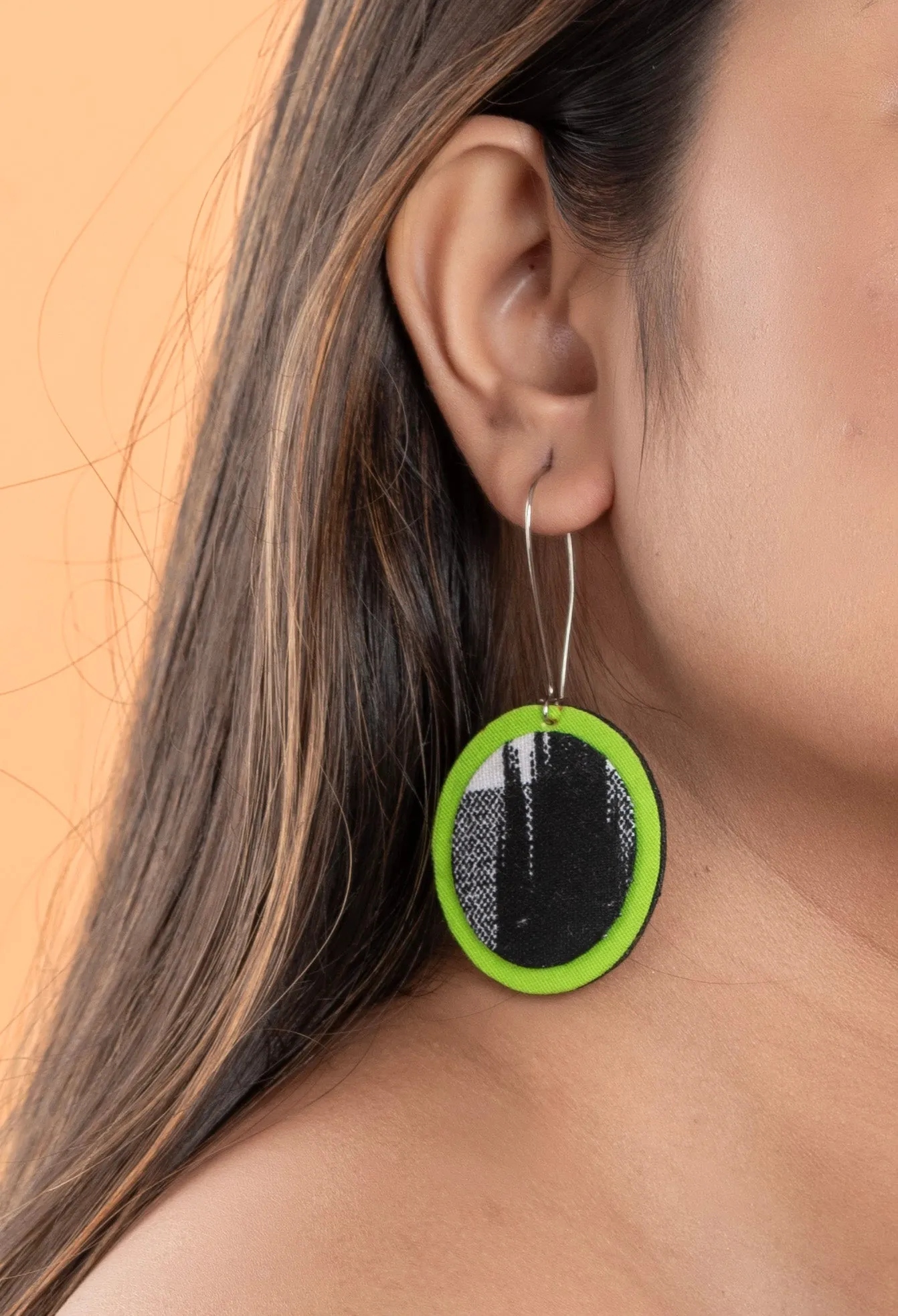 Handmade Lightweight Black Green Ikkat Fabric Jewelry Dangle Earrings, Non-Allergic