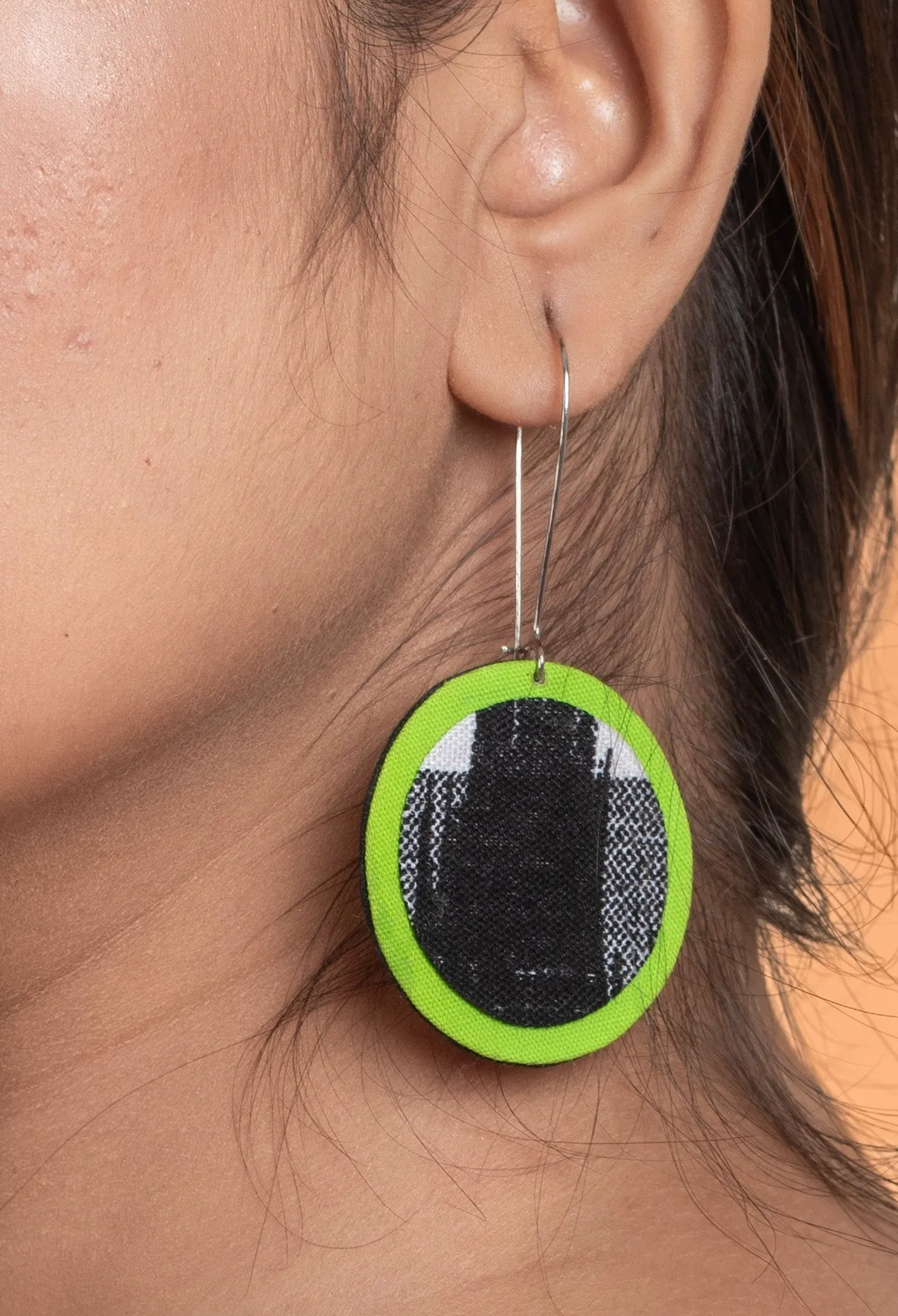 Handmade Lightweight Black Green Ikkat Fabric Jewelry Dangle Earrings, Non-Allergic