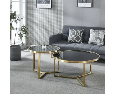 Interior Ave - Designer Giselle Black Glass & Brushed Gold Coffee Table Set