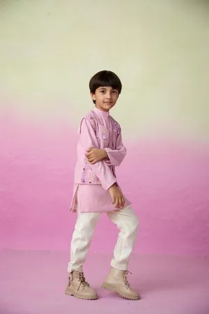 Little Explorer- Orchid Pink Hand Embroidered Kurta Jacket & Pants Set for Boys