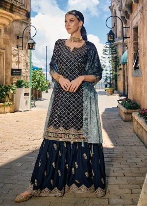 Majestic Blue Heavy Chinnon Khatli Embroidered Palazzo Suit