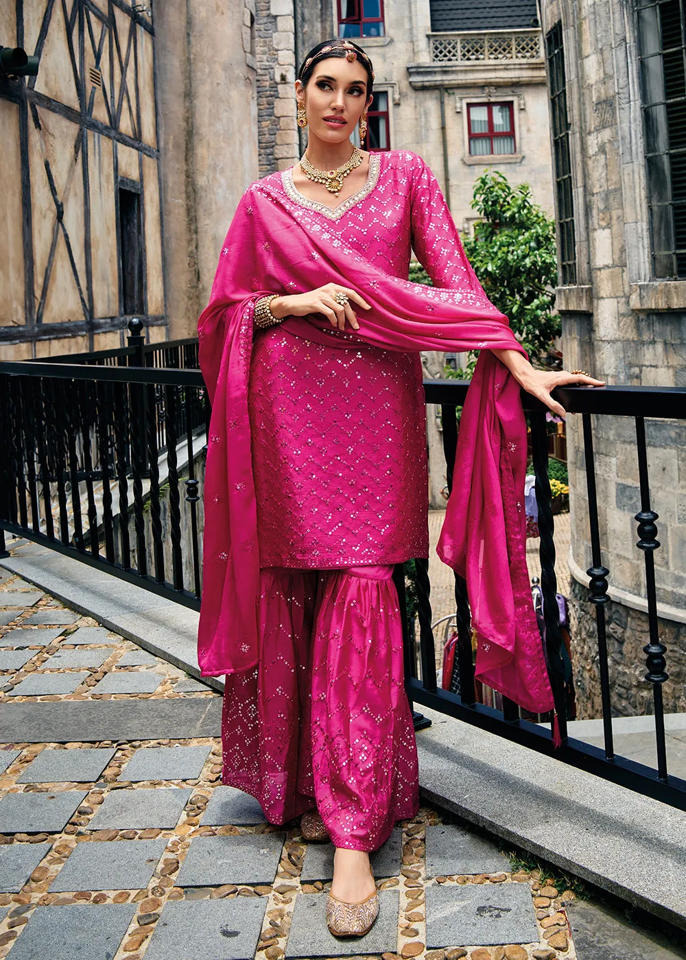 Majestic Pink Heavy Chinnon Khatli Embroidered Palazzo Suit