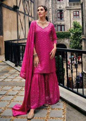 Majestic Pink Heavy Chinnon Khatli Embroidered Palazzo Suit