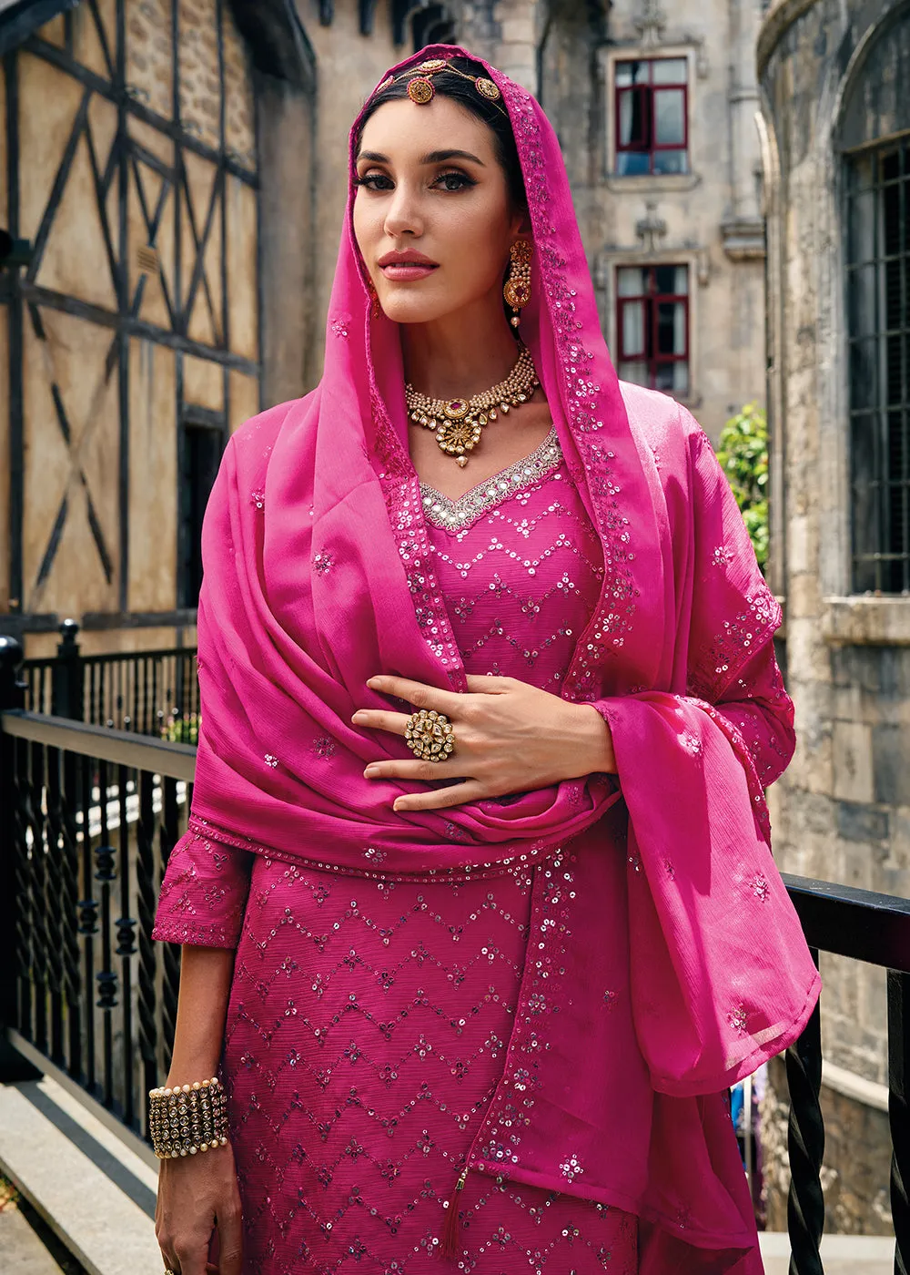 Majestic Pink Heavy Chinnon Khatli Embroidered Palazzo Suit