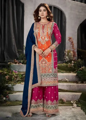 Orange Multicolor Mirror Embroidered Punjabi Style Palazzo Suit