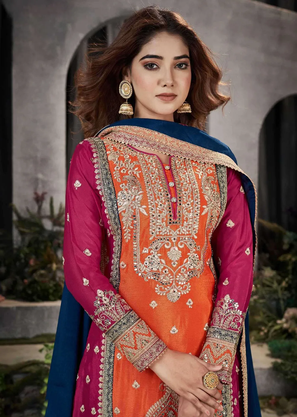 Orange Multicolor Mirror Embroidered Punjabi Style Palazzo Suit