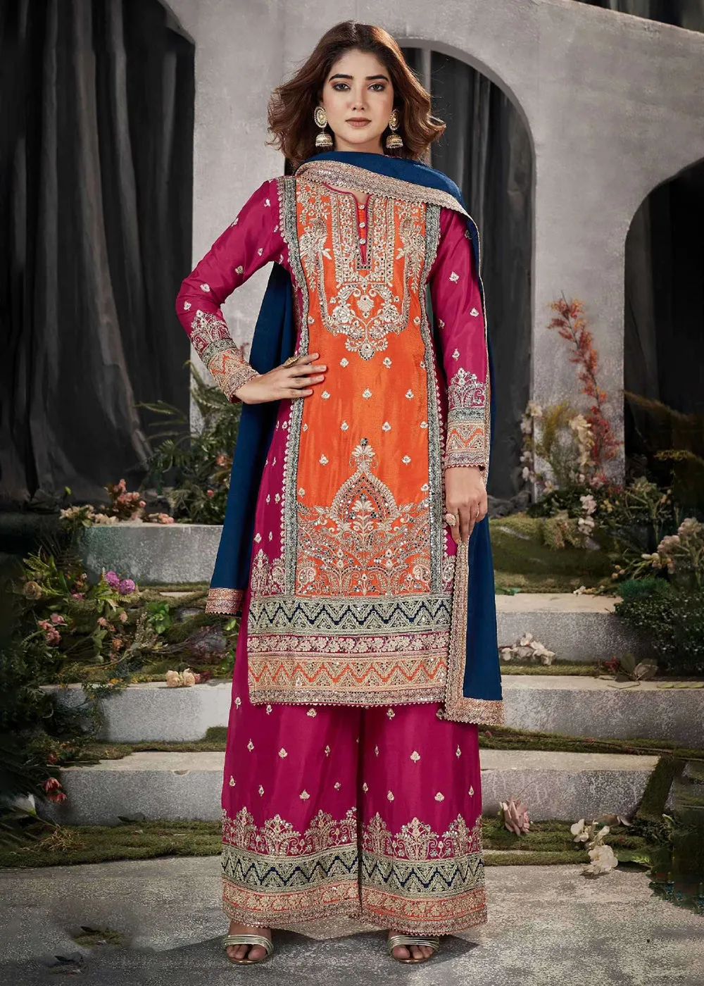 Orange Multicolor Mirror Embroidered Punjabi Style Palazzo Suit