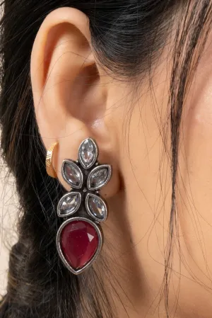 Oxidized Silver with White and Red Cubic Zirconia Stones Stud Earrings for Elegant Style