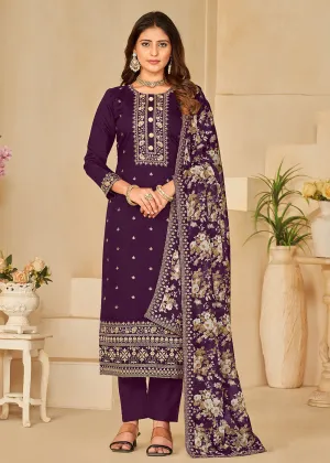 Pant Style Purple Silk Embroidered Ethnic Salwar Kameez