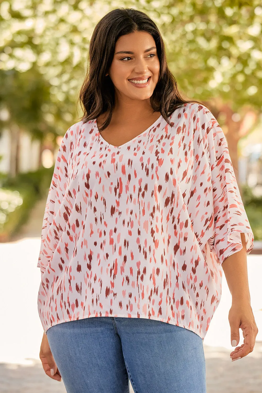 Pink Elegant Polka Dots 3/4 Dolman Sleeve Plus Size Blouse