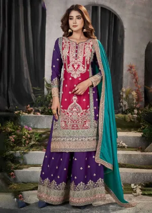 Pink Multicolor Mirror Embroidered Punjabi Style Palazzo Suit