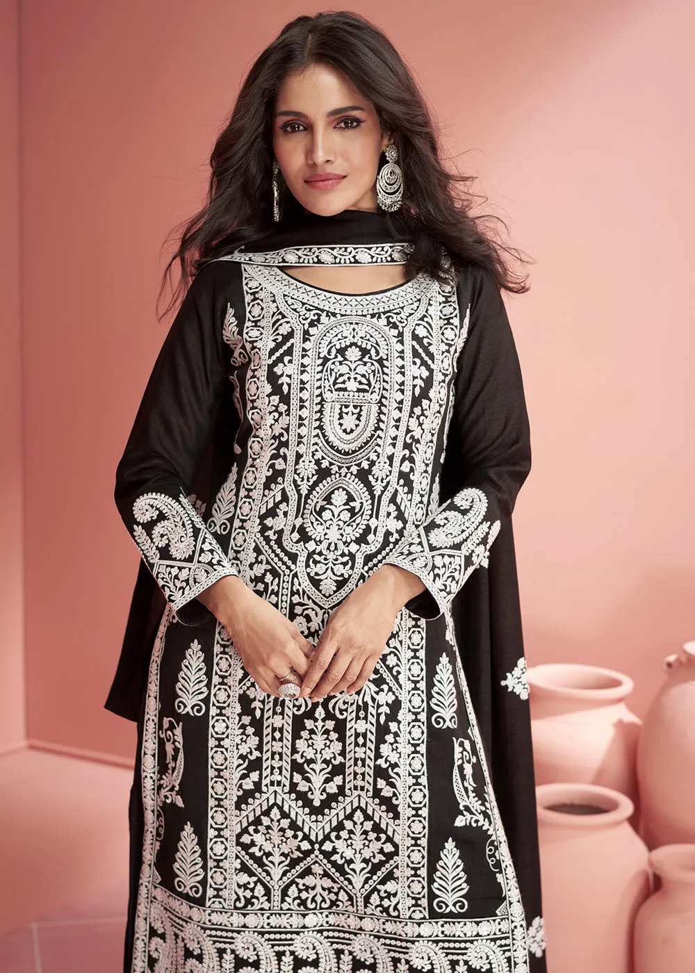 Premium Silk Black Embroidered Eid Style Palazzo Suit