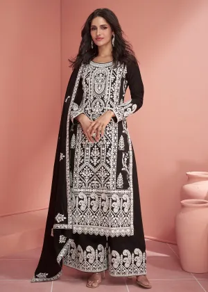 Premium Silk Black Embroidered Eid Style Palazzo Suit