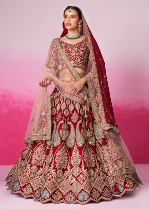 Pure Silk Embroidered Red Designer Bridal Lehenga Choli