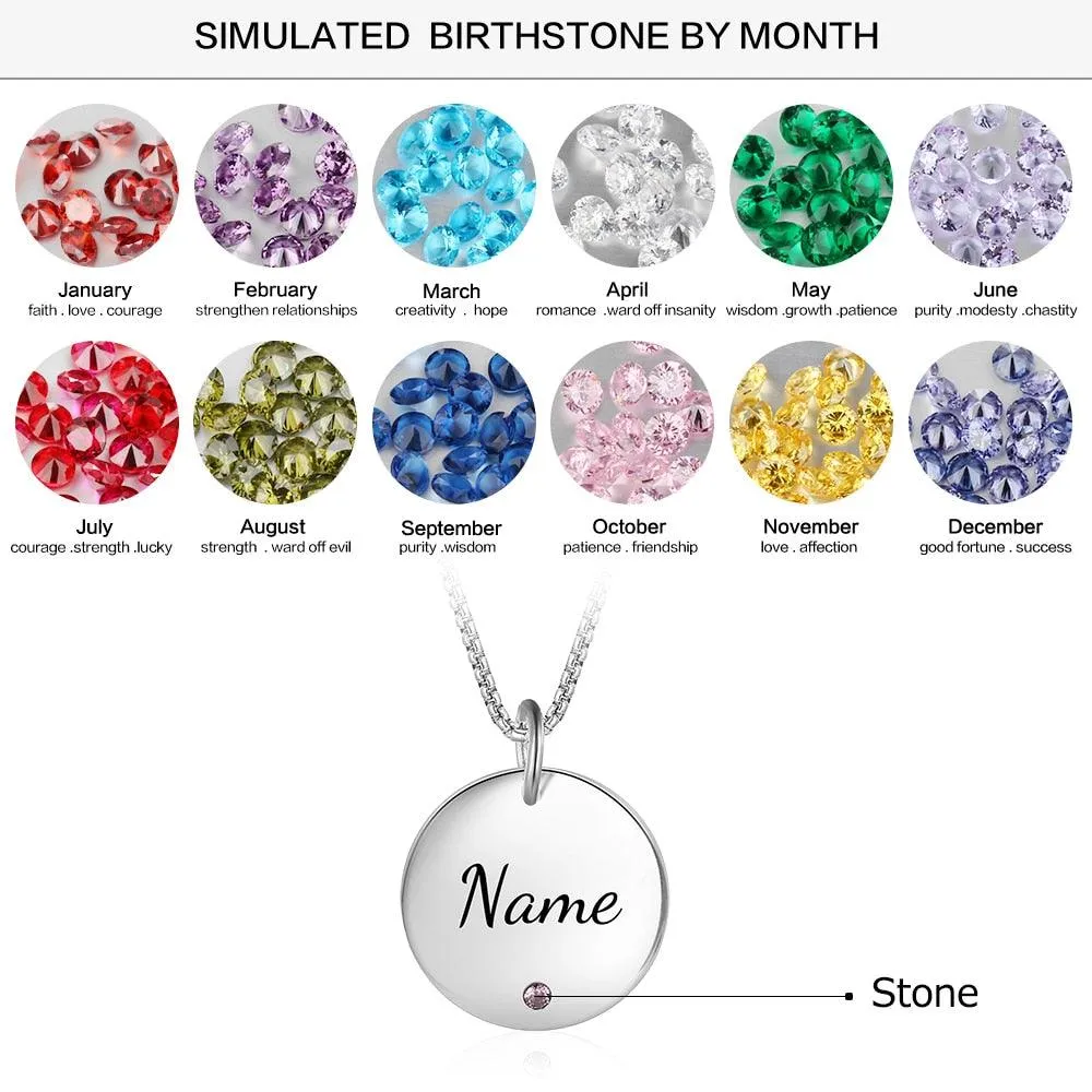 Round Stainless Steel Personalized Necklace for Women with Birthstone & Custom Name Pendant