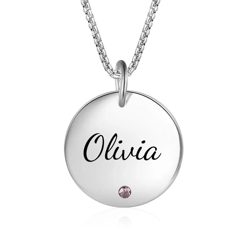 Round Stainless Steel Personalized Necklace for Women with Birthstone & Custom Name Pendant