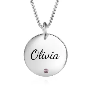 Round Stainless Steel Personalized Necklace for Women with Birthstone & Custom Name Pendant