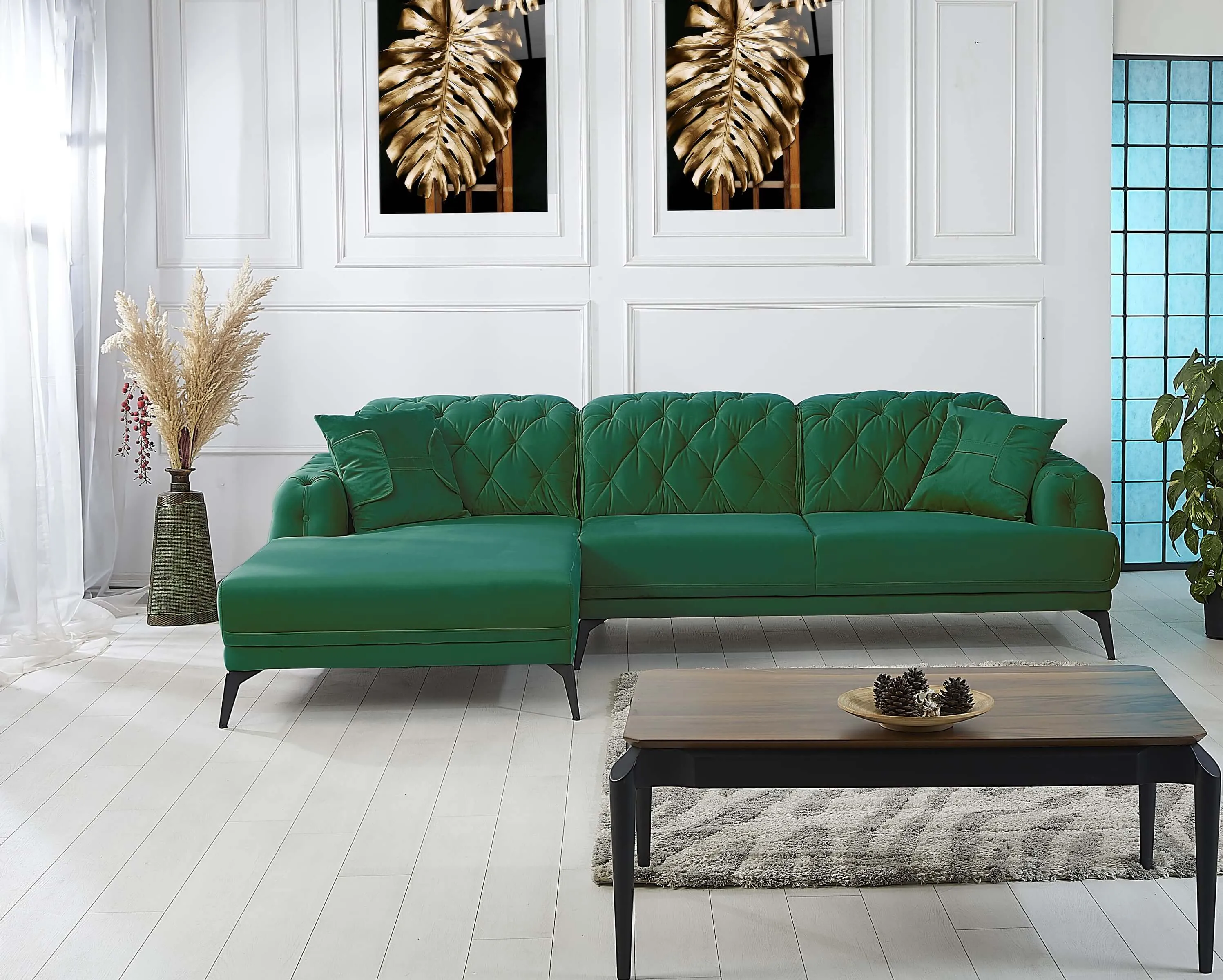 Rubeza Piera Left Hand Facing Chaise End Corner Sofa - Super Emerald Green