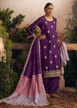 Silk Modale Violet Embroidered Festive Salwar Suit