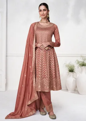 Tangy Brown Punjabi Style Silk Embroidered Salwar Suit