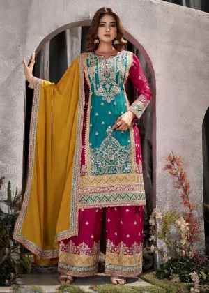 Teal Multicolor Mirror Embroidered Punjabi Style Palazzo Suit